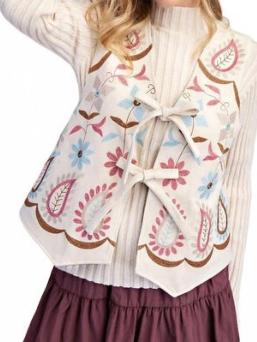 Cream Embroidered Vest with Pink & Blue Accents